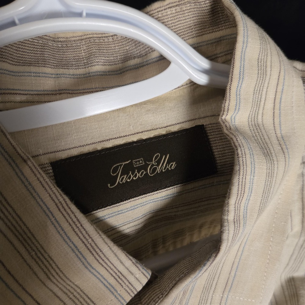 Tasso Elba Shirt Mens Large Beige 62% Linen Cotton Stripe Short Sleeve Button Up - Picture 3 of 8